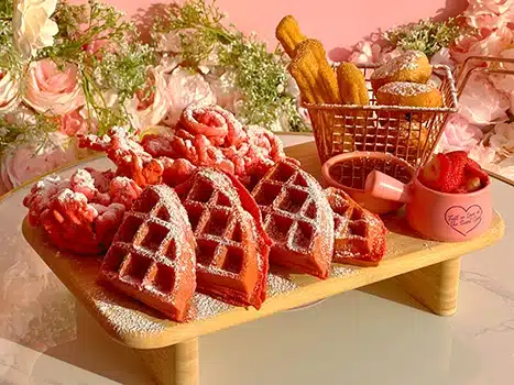 An assortment of waffles, churros, funnel cakes, and donuts. Fresh strawberries and a sauce for dipping accompany them.