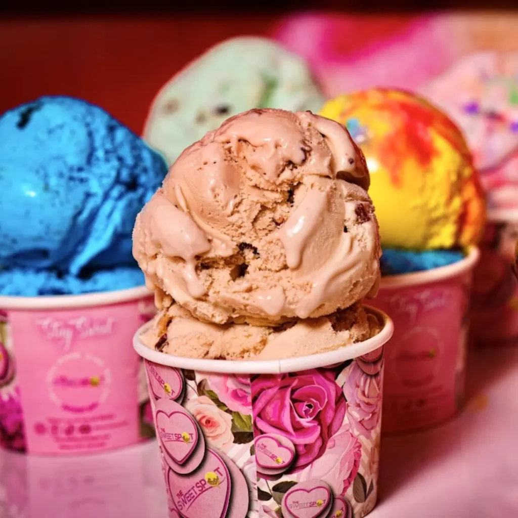 Butter pecan ice cream, cookie monster ice cream, Superman ice cream, mint chocolate chip ice cream, and cotton candy ice cream.
