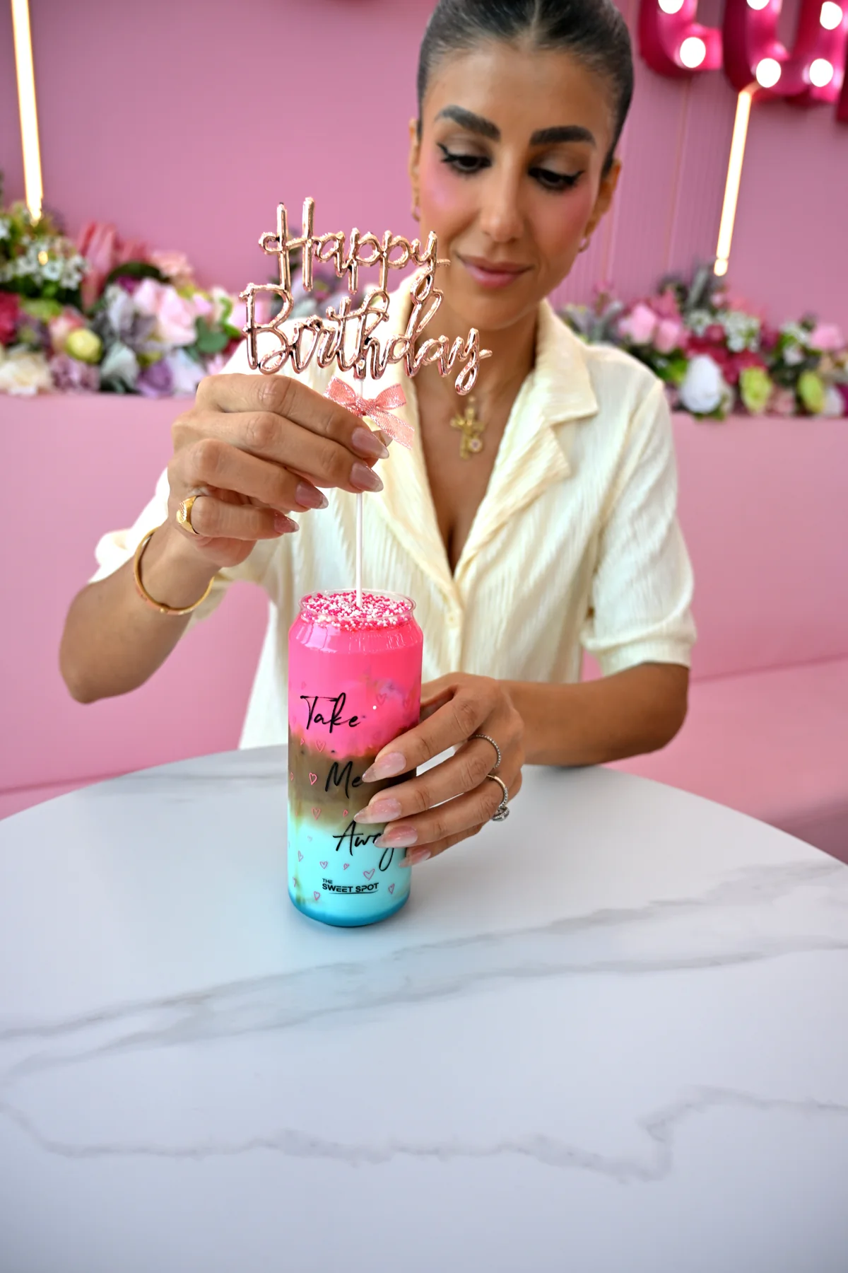 Colorful birthday specialty drink from The Sweet Spot in Virginia Beach