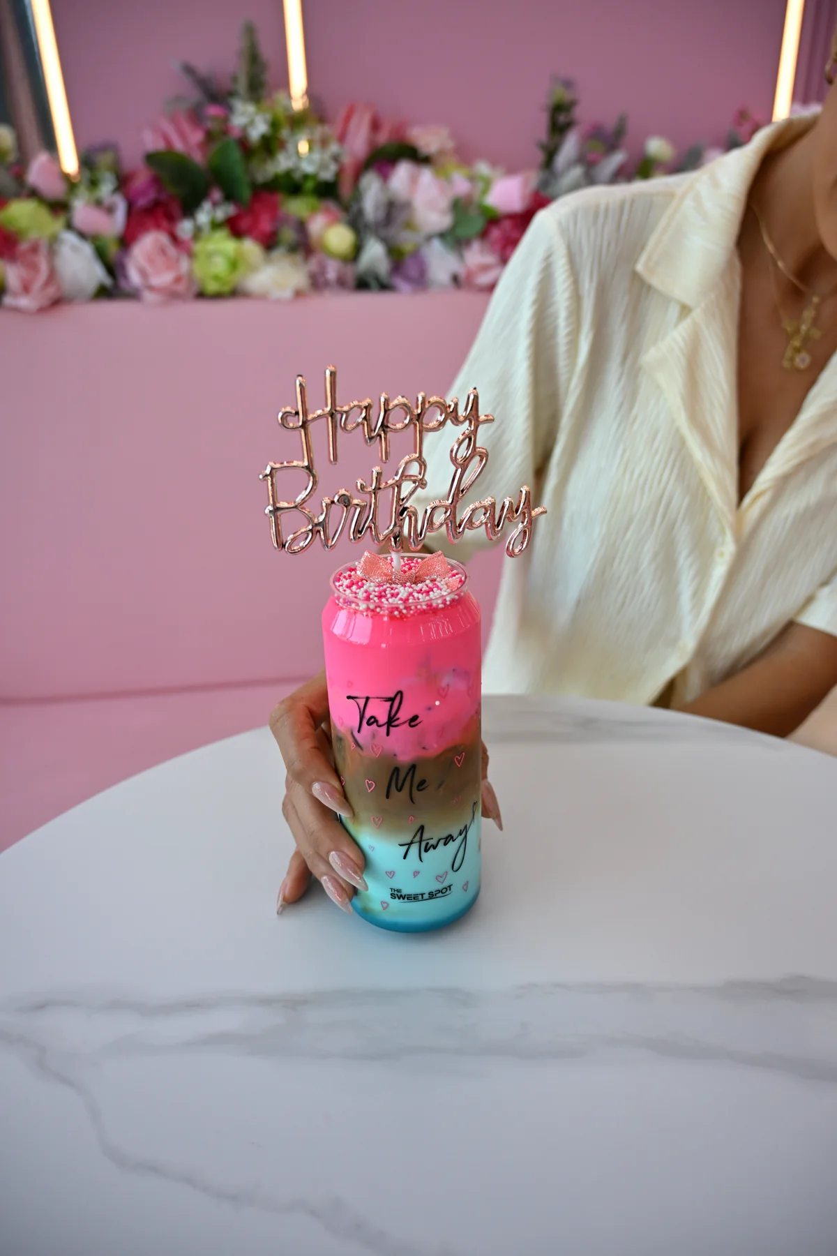 Colorful birthday specialty drink from The Sweet Spot in Virginia Beach