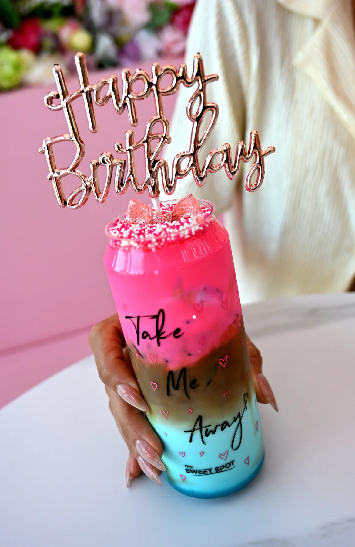 Colorful birthday specialty drink from The Sweet Spot in Virginia Beach