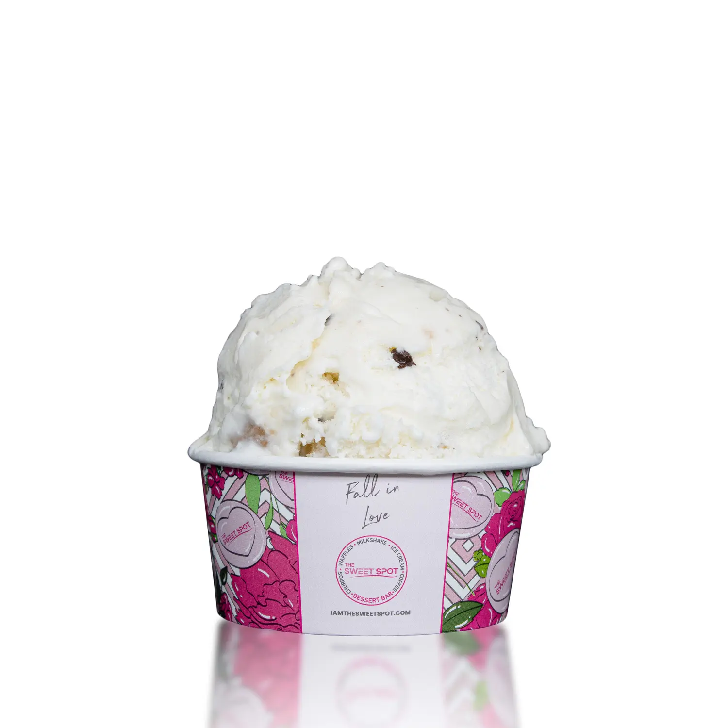 Chocolate Chip Cookie Dough ice cream served in a branded Sweet Spot cup