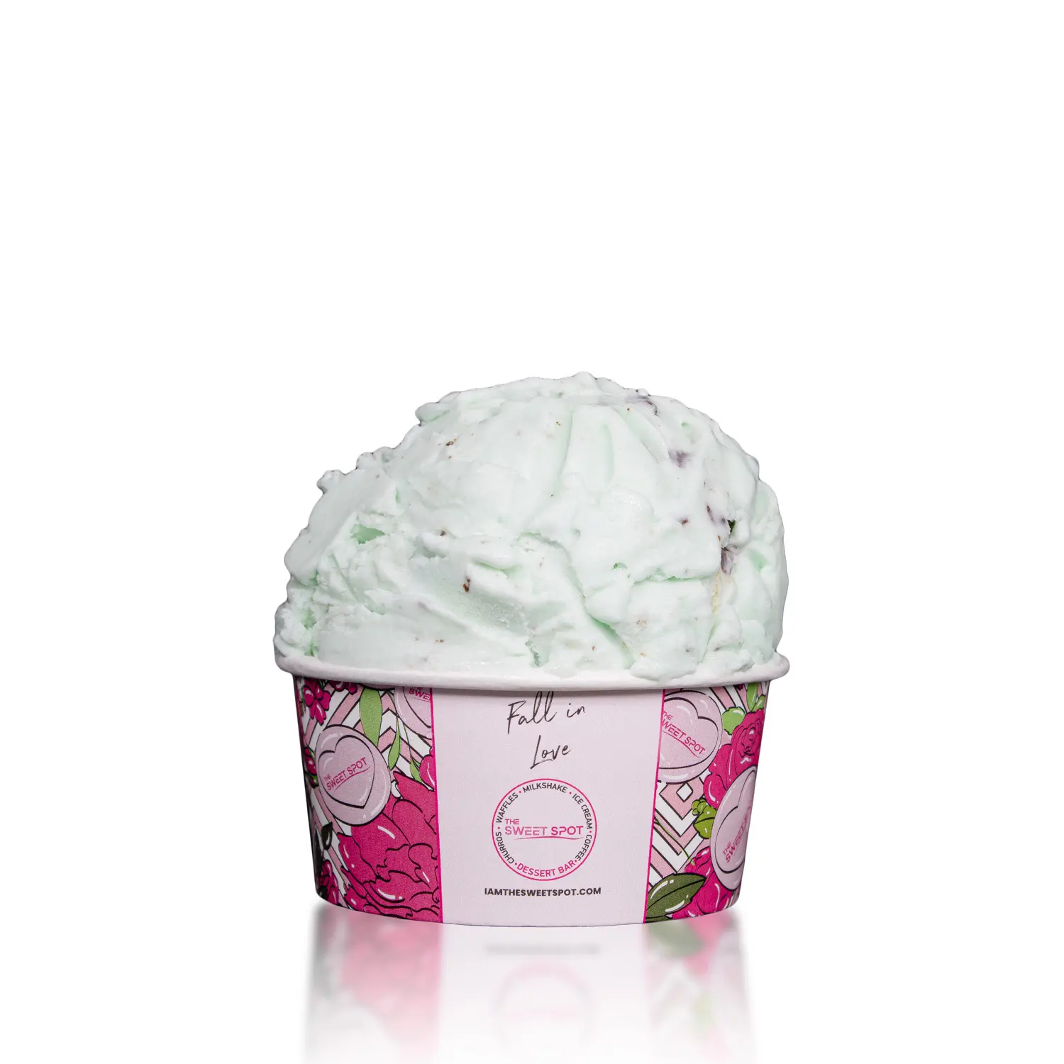 Mint Chocolate Chip ice cream served in a branded Sweet Spot cup