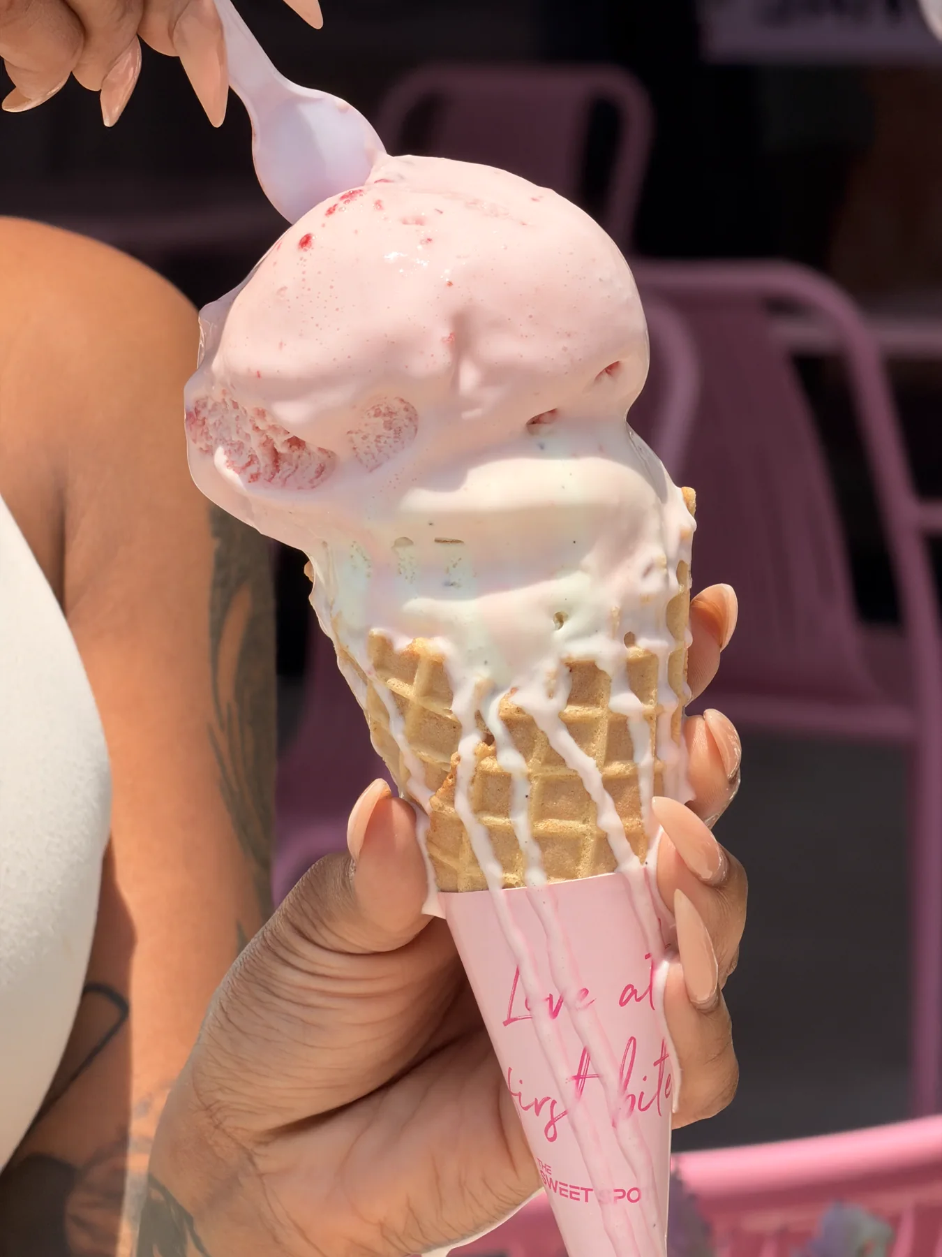 Premium ice cream in a waffle cone from The Sweet Spot in Virginia Beach