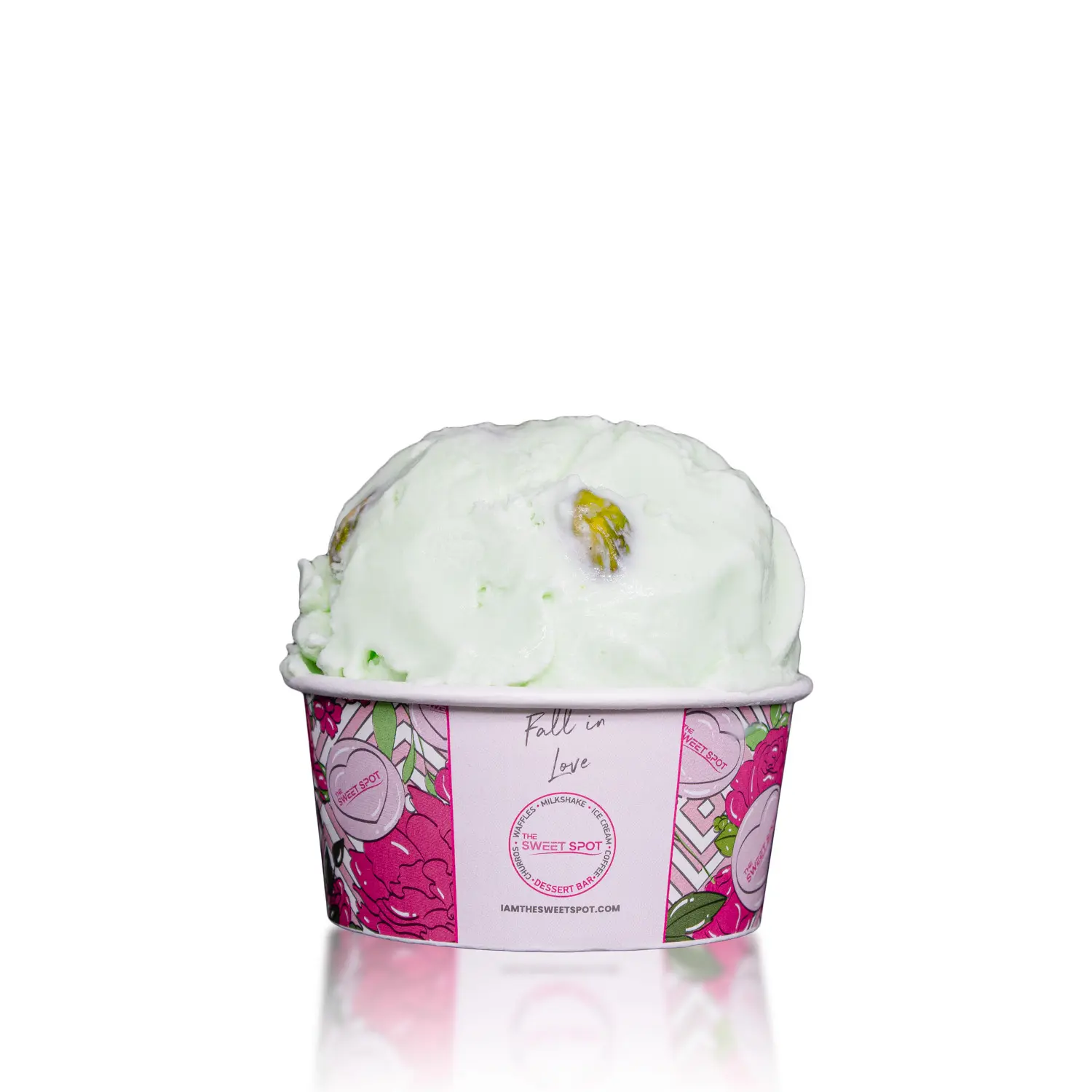 Pistachio ice cream served in a branded Sweet Spot cup