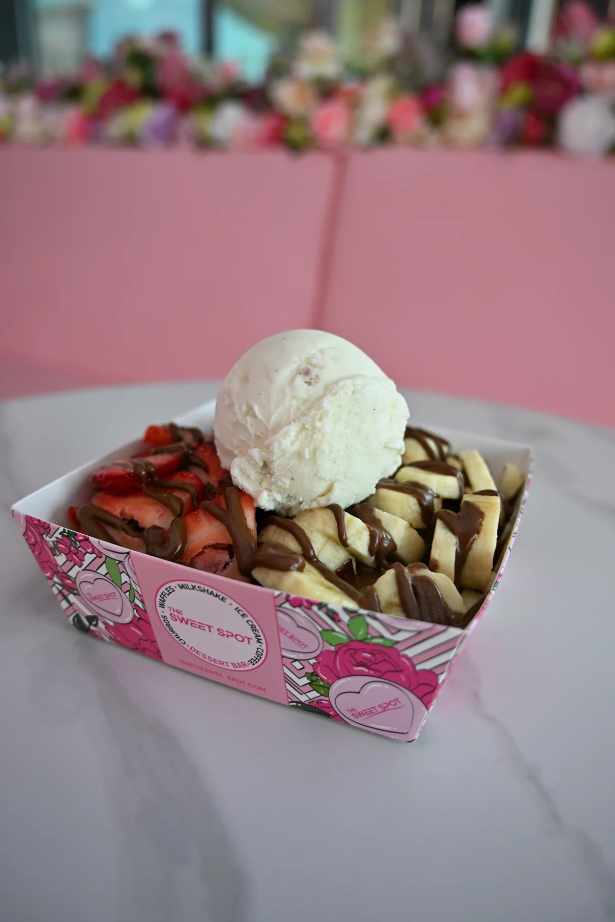 Strawberry and banana dessert with premium ice cream from The Sweet Spot in Virginia Beach