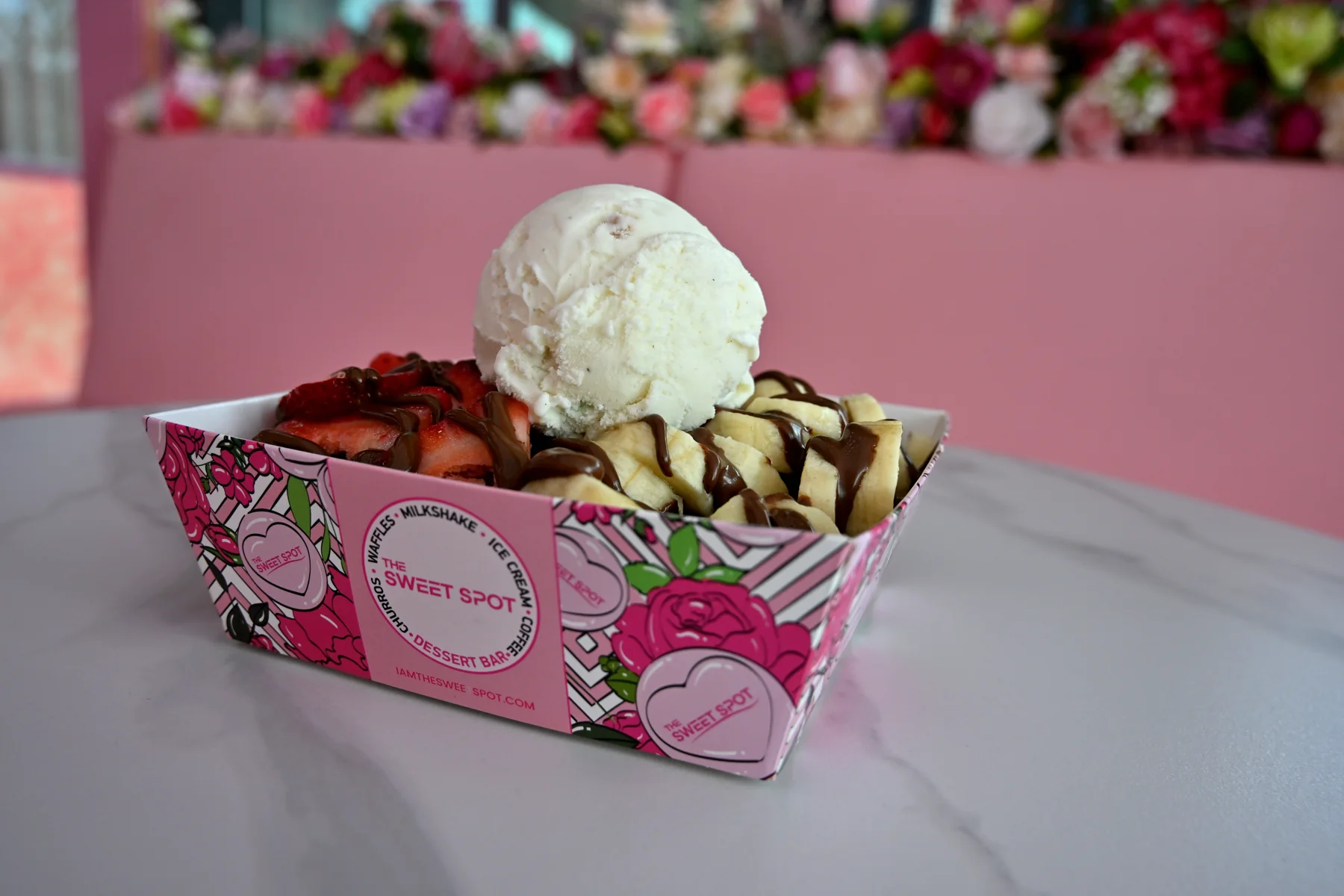 Strawberry and banana dessert with premium ice cream from The Sweet Spot in Virginia Beach