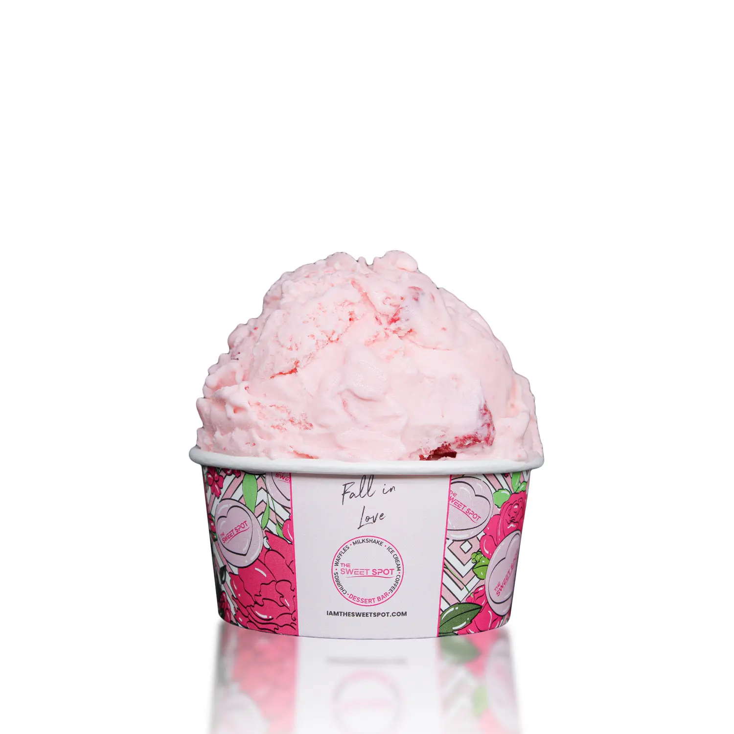 Strawberry ice cream served in a branded Sweet Spot cup