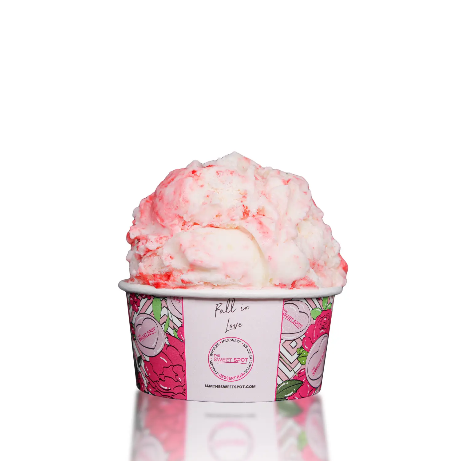 Strawberry Shortcake ice cream served in a branded Sweet Spot cup