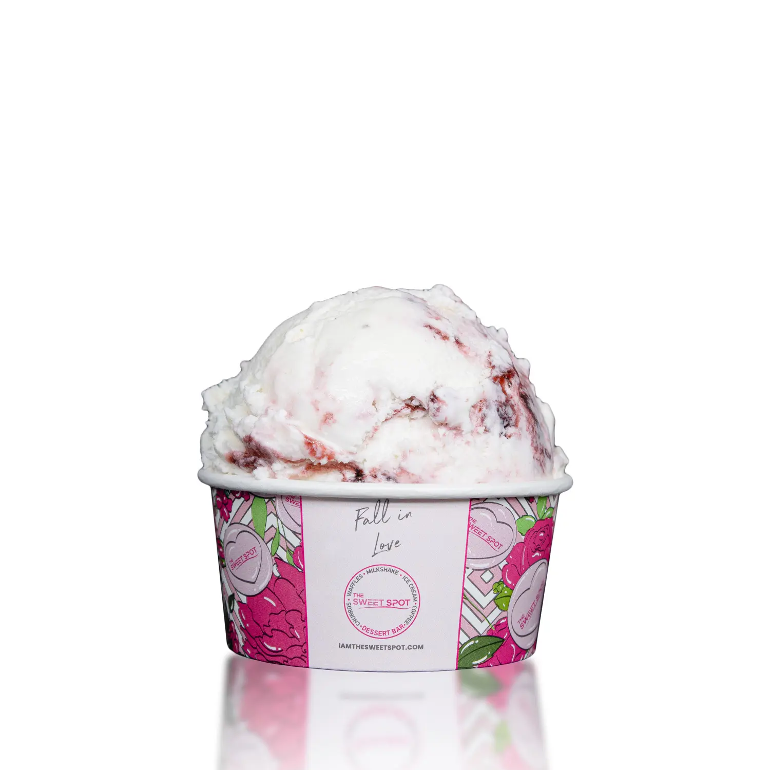White Chocolate Raspberry ice cream served in a branded Sweet Spot cup