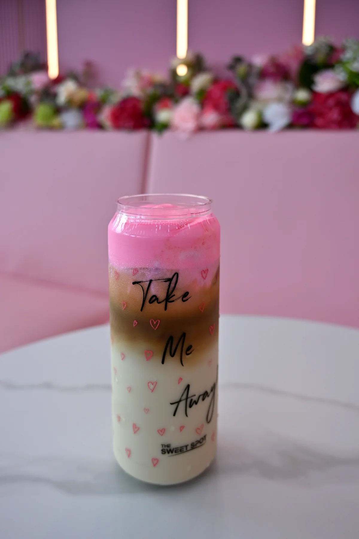 White chocolate raspberry iced latte in Sweet Spot packaging
