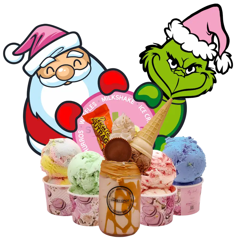 Santa and the grinch holding a milkshake and 4 ice cream scoop with the sweet spot logo